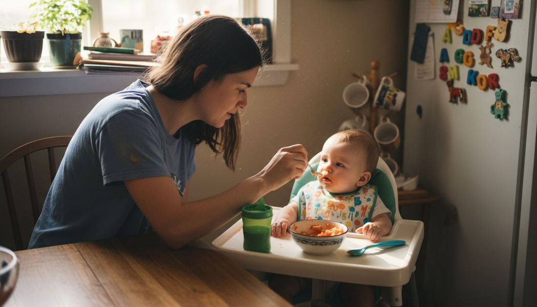 Mother feeding baby at kitchen table