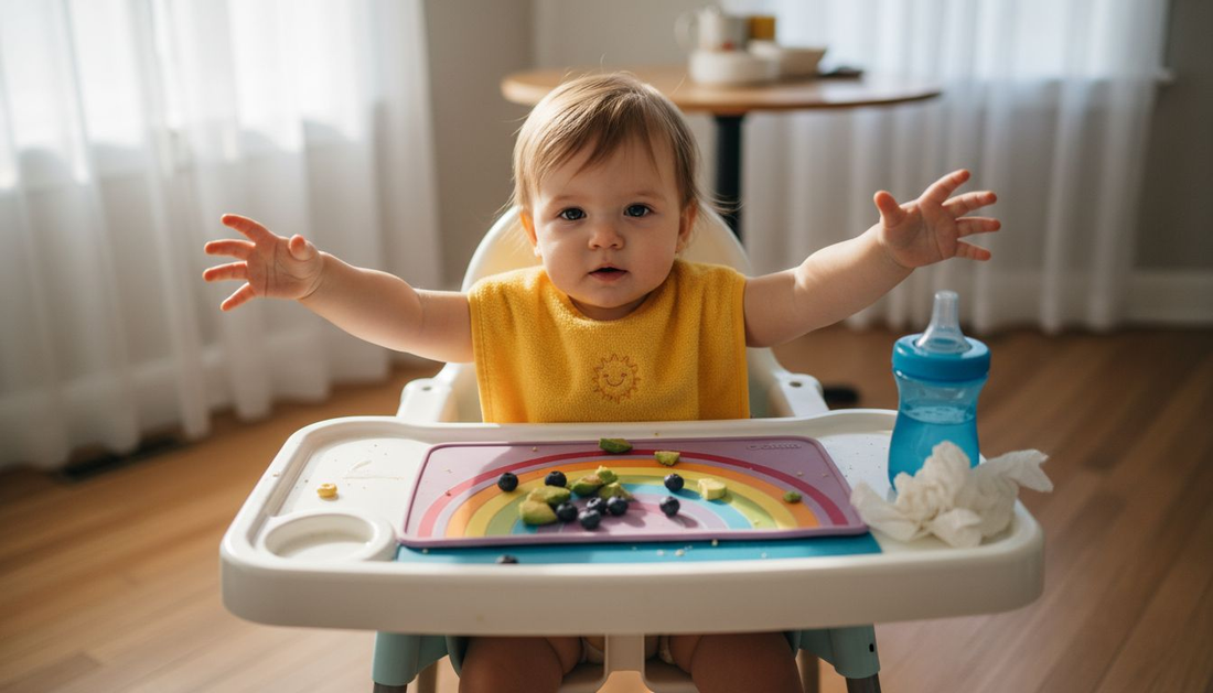 Baby uses suction placemat in highchair