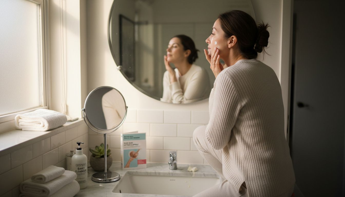 Woman applying moisturizer in bathroom