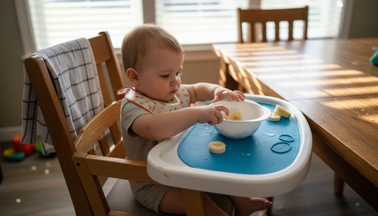 Toddler eating with blue suction mat on high chair