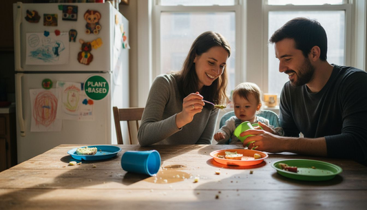 Family using biodegradable plates and baby cups