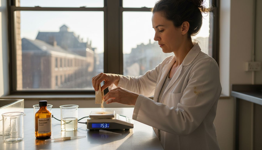 Cosmetic scientist weighing bakuchiol plant seeds