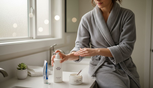 Woman applying lotion and cream in morning routine