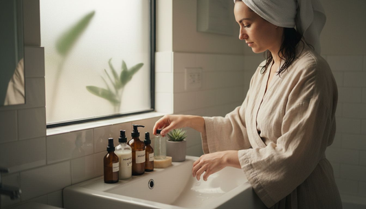 Woman arranging eco-friendly skincare bottles in bathroom