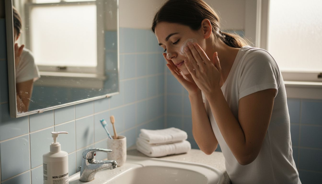 Woman applying moisturizer in bathroom
