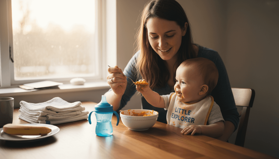 Mother feeding baby in a sunlit kitchen