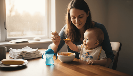 Mother feeding baby in a sunlit kitchen