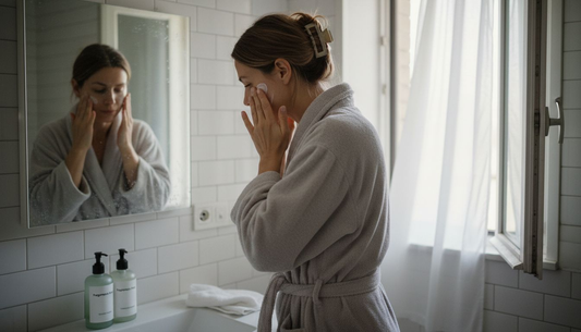 Woman applying allergy-friendly skincare in bathroom