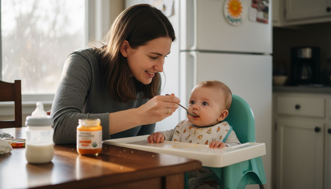 Mother feeding baby warm food at table