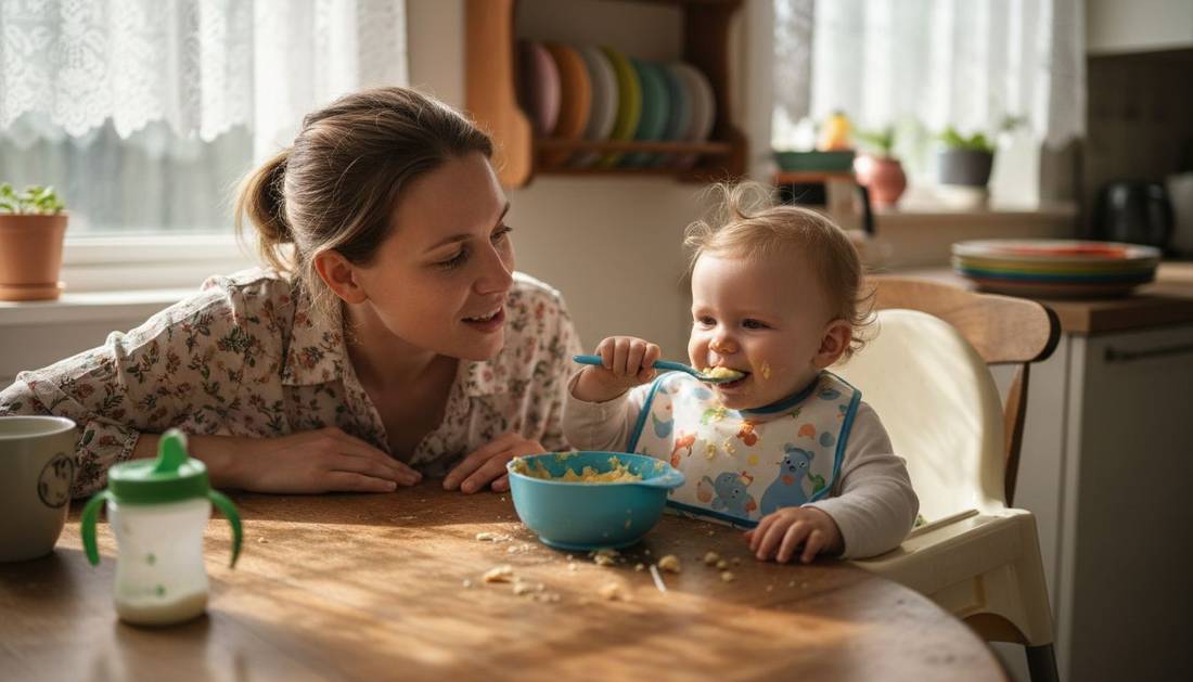 Mother supervising baby feeding in home kitchen