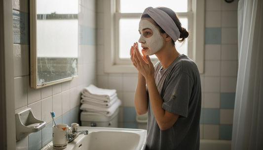 Woman applying face mask at bathroom sink