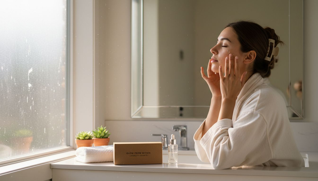 Woman applying K-beauty skincare at vanity