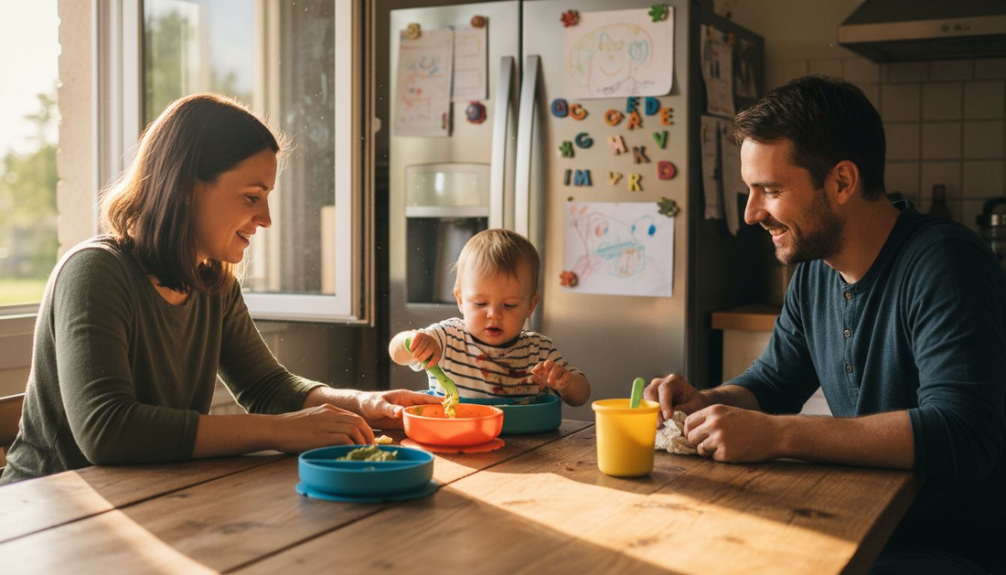 Family using silicone feeding set at kitchen table