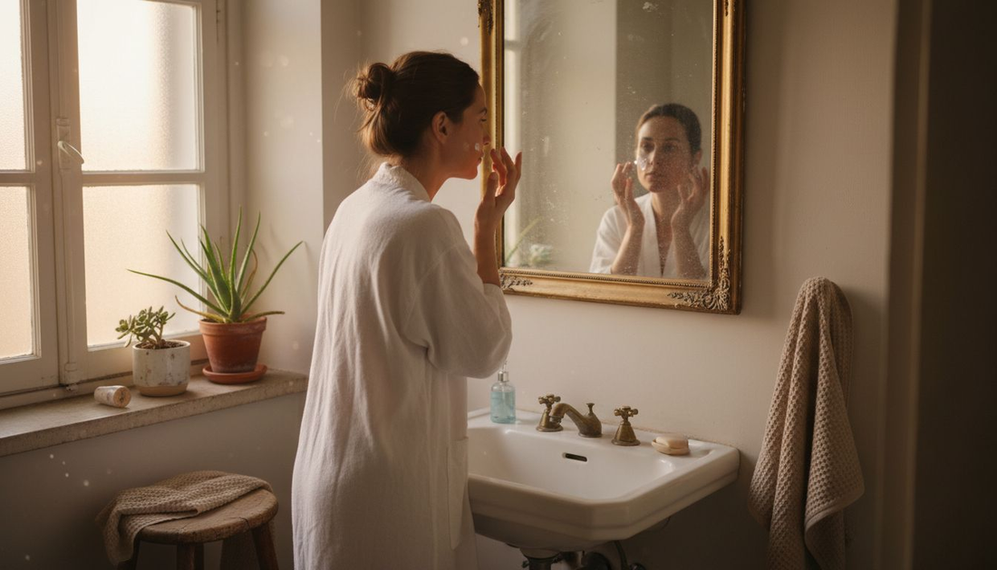 Woman applying skincare in sunlit bathroom