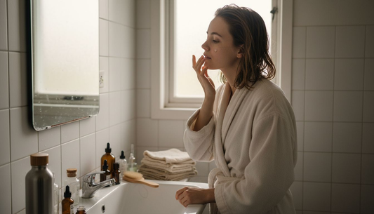 Woman applying serum in morning bathroom