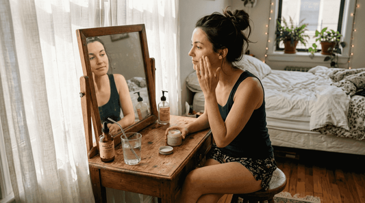 Woman applying moisturizer in sunlit bedroom
