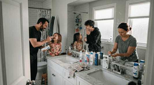 Family applying skincare at bathroom sink