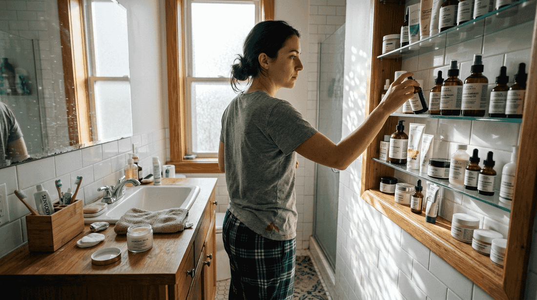 Woman choosing skincare from cruelty-free shelf