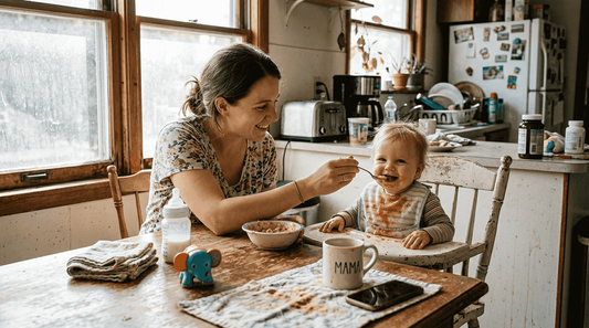 Mother feeding baby at kitchen table