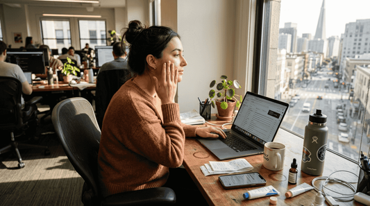Woman applies skincare near laptop screens