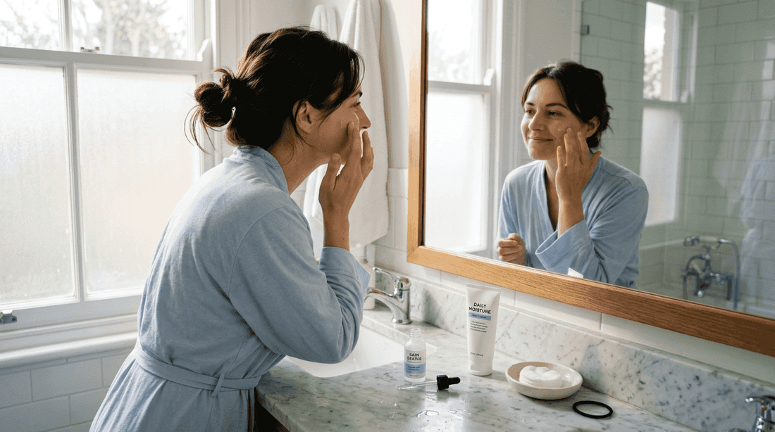 Woman applying serum in sunlit bathroom