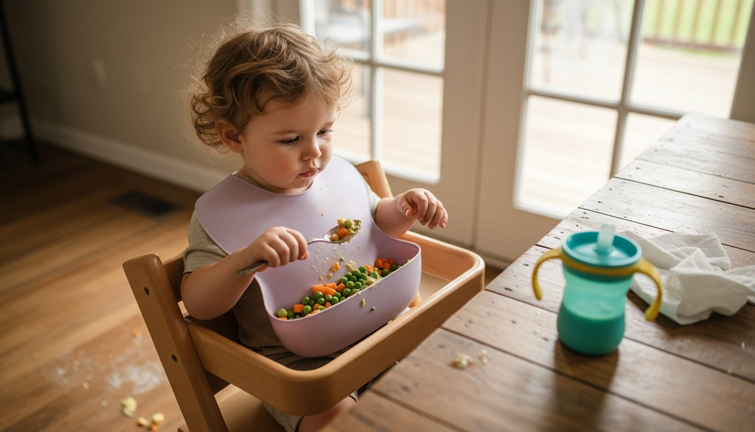 Toddler eating in high chair with silicone bib