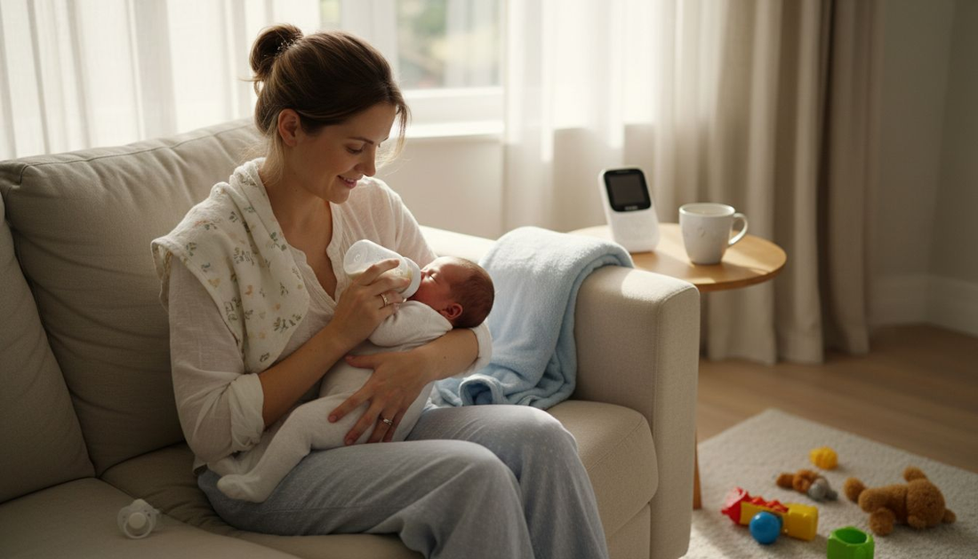 Mother feeding infant in cozy living room