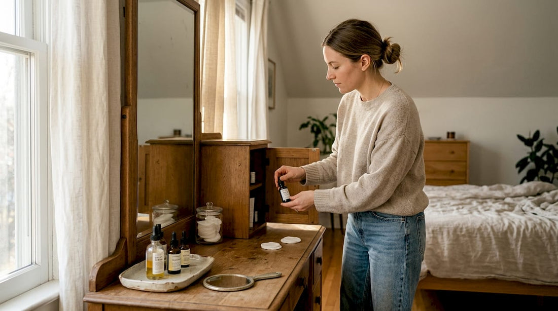 Woman arranging skincare products in bedroom