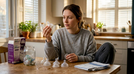Mother comparing baby bottle nipples at kitchen table
