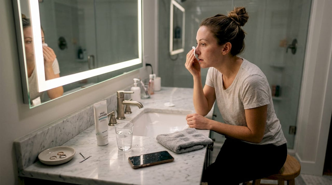 Woman removing makeup at bathroom sink