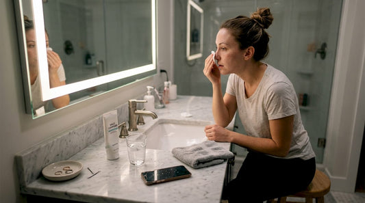 Woman removing makeup at bathroom sink