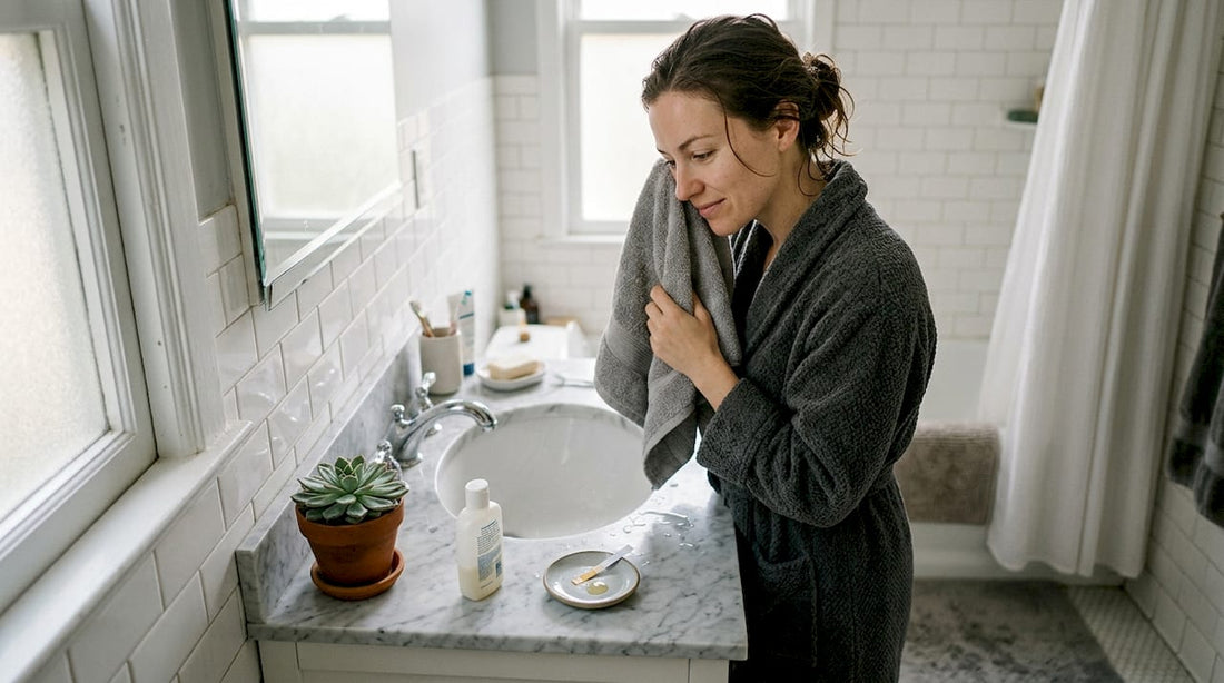 Woman finishing morning skincare routine in bathroom