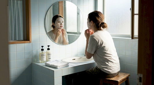 Woman applying sheet mask in sunlit bathroom