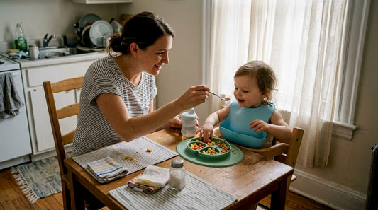 Mother feeds toddler using mess-free tools
