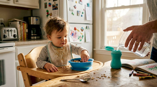 Toddler using suction bowl at breakfast