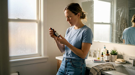 Woman reading skincare bottle in bathroom