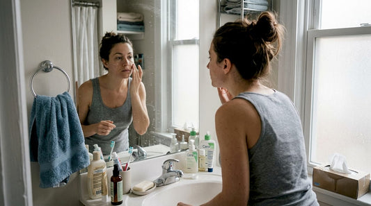 Woman applying moisturizer at bathroom mirror