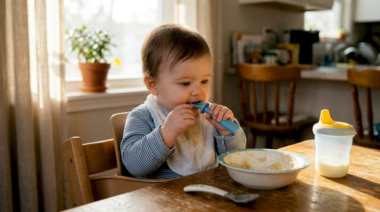 Baby chewing silicone teething spoon in kitchen