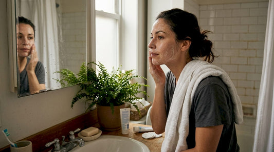 Woman practicing simple skincare at home sink