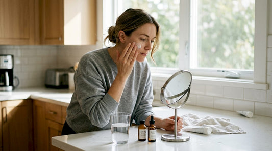 Woman applying moisturizer in sunlit kitchen