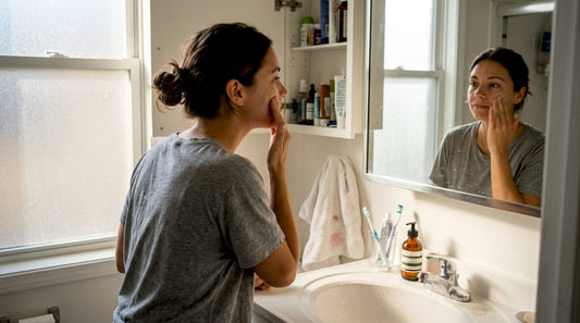 Woman applying moisturizer in bathroom setting