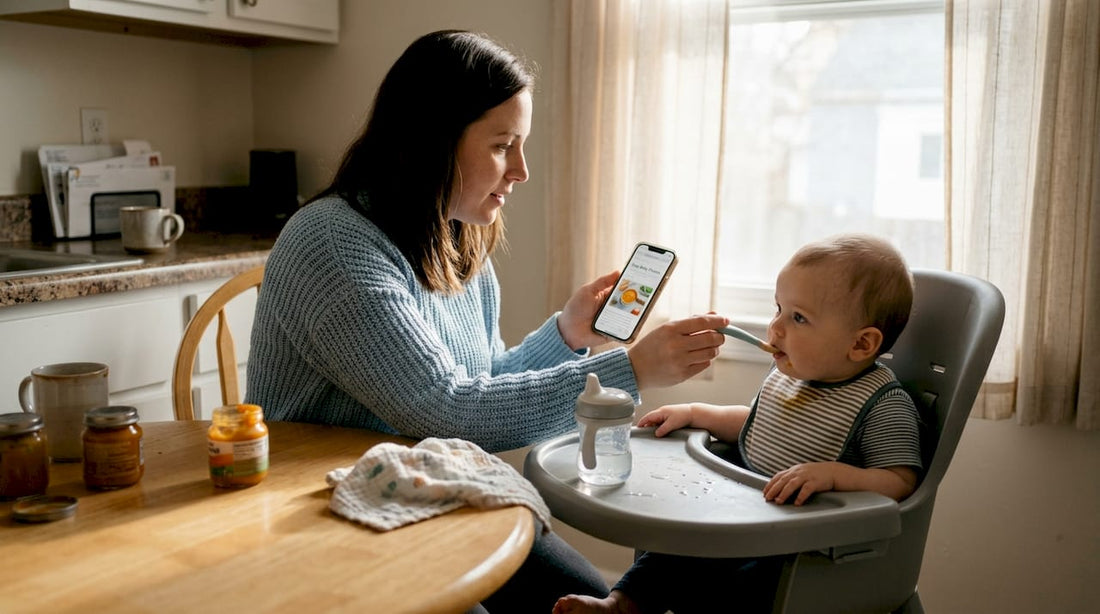 Parent feeding baby with spoon at kitchen table