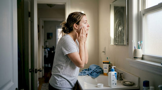 Woman applying gentle cleanser at bathroom sink