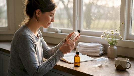 Woman reading BPA-free skincare packaging label