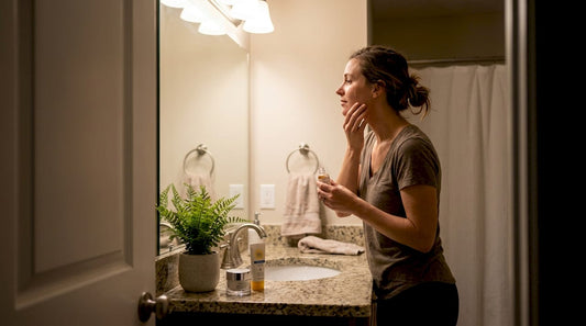 Woman applying serum in home bathroom
