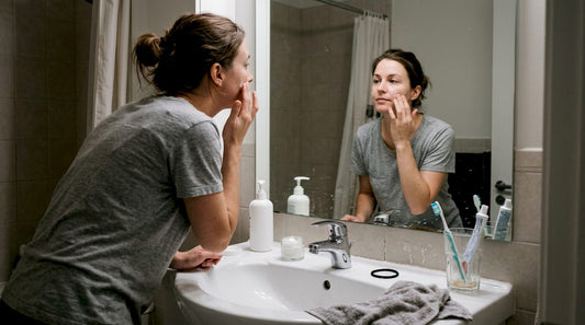 Woman applying moisturizer at home bathroom sink