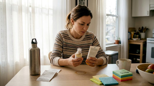 Woman comparing skincare product labels