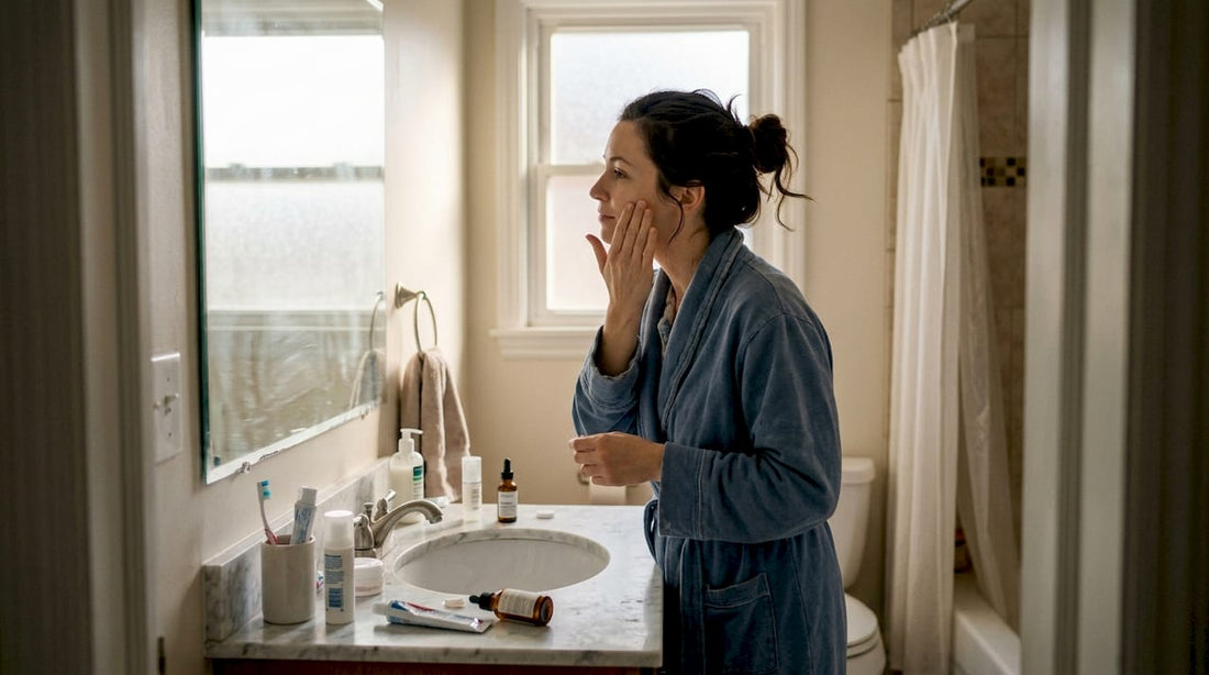 Woman applying serum in sunlit bathroom