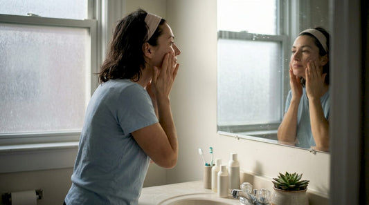Woman applying moisturizer in home bathroom
