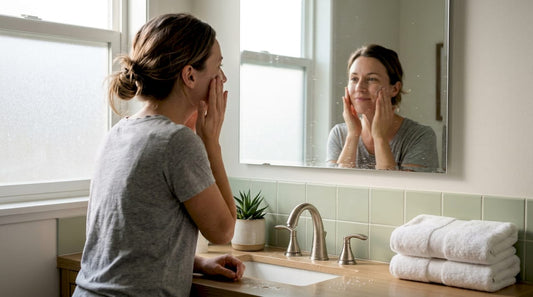 Woman following morning skincare routine at bathroom counter